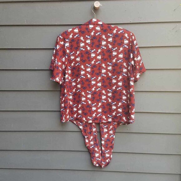 Monteau LA Sheer Burgundy Button Down with Navy White Dog Print size Large - Picture 6 of 11